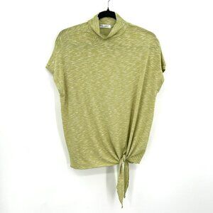 SARAH LILLER Green Space Dye Mock Neck Short Sleeve Tie Front Shirt Size Large